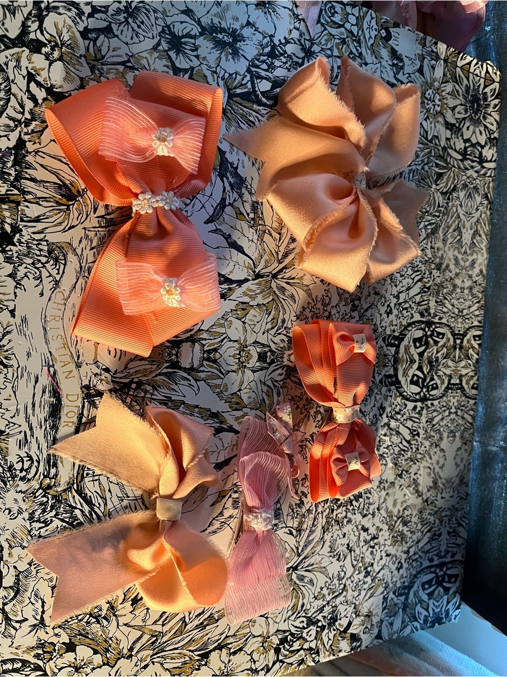 Handmade Kids Satin & Grosgrain Bow Hair Clip Set - Peach Pink